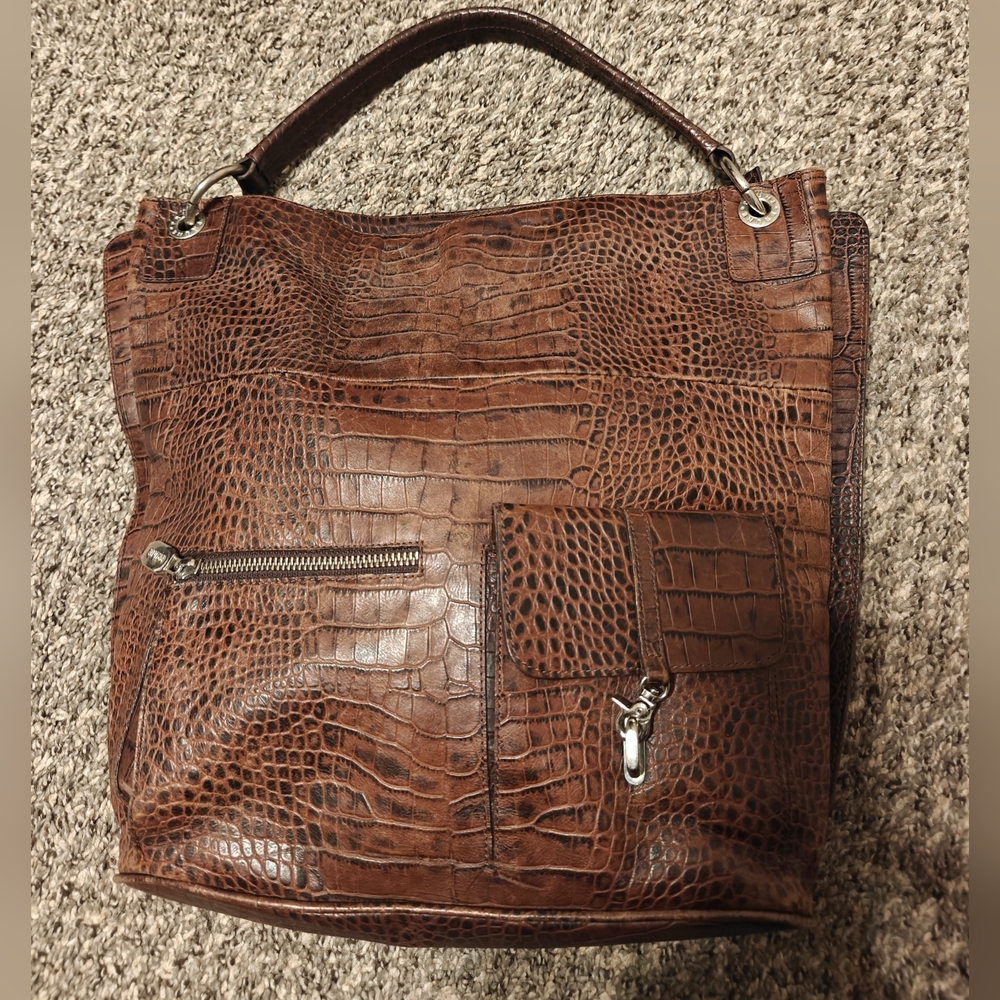 Prüne Brown Leather Shopper Large Croc Embossed New